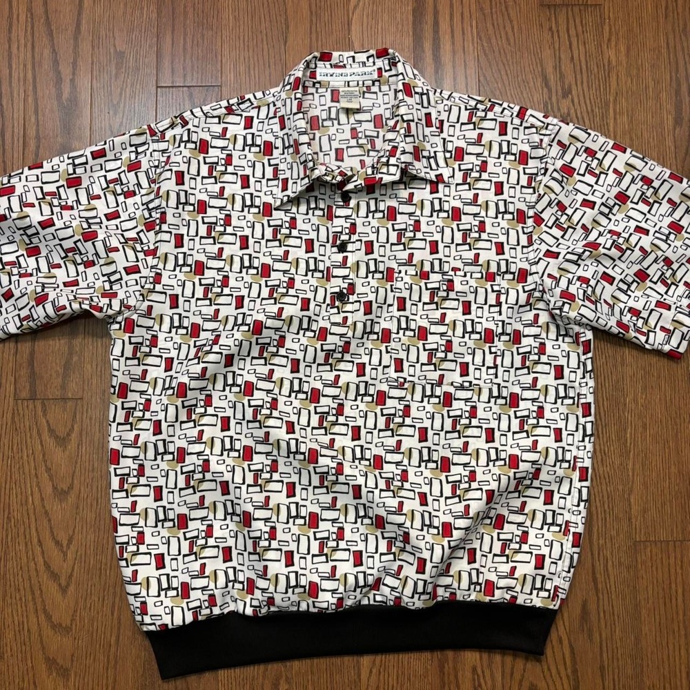 Vintage Irving Park 90s polo shirt with all over geometric print polo white red